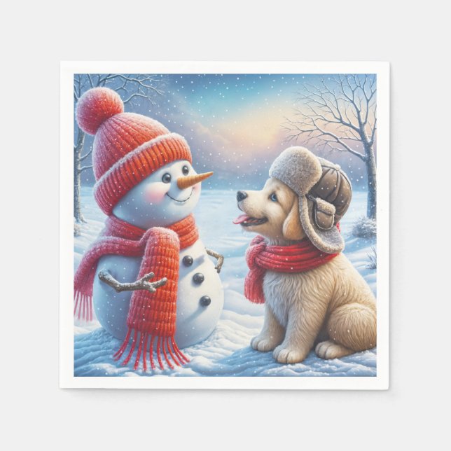 Guardanapo De Papel Snowman Com Puppy (Frente)