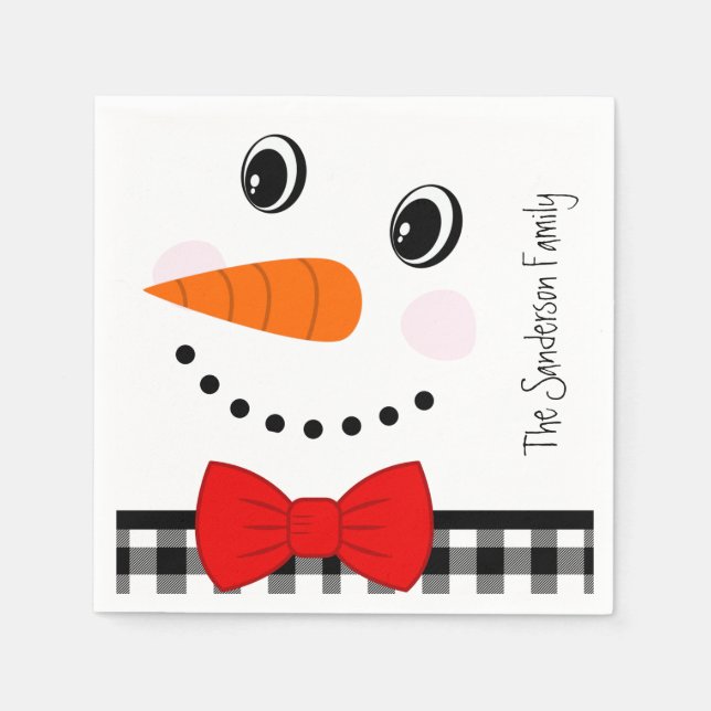 Guardanapo De Papel Snowman Face Red Bowtie Black Buffalo Trim. Xadrez (Frente)