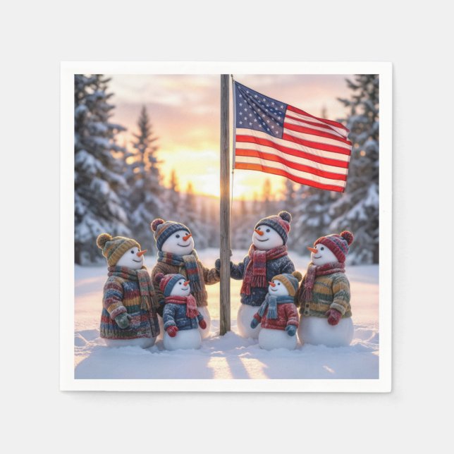 Guardanapo De Papel Snowman Family Gathering Around a Flagpole (Frente)