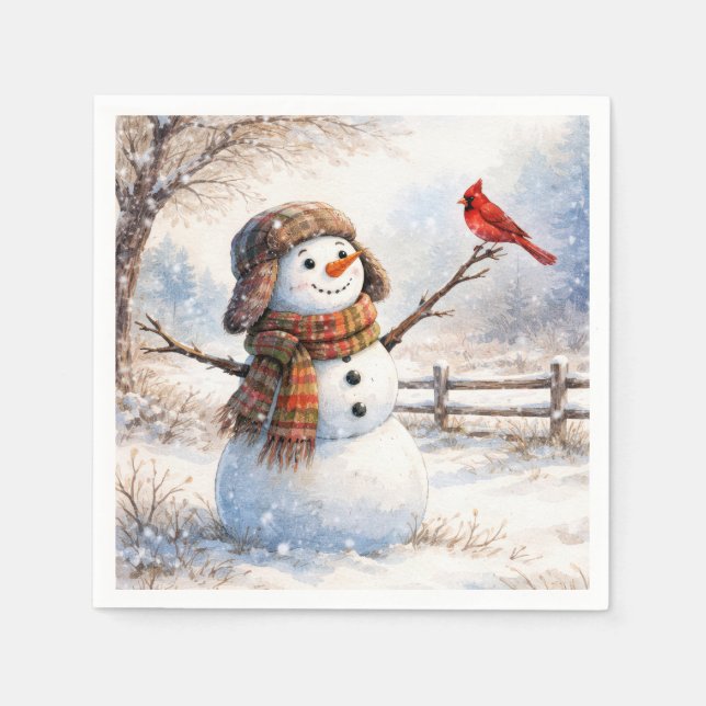 Guardanapo De Papel Snowman With Red Cardinal Bird (Frente)