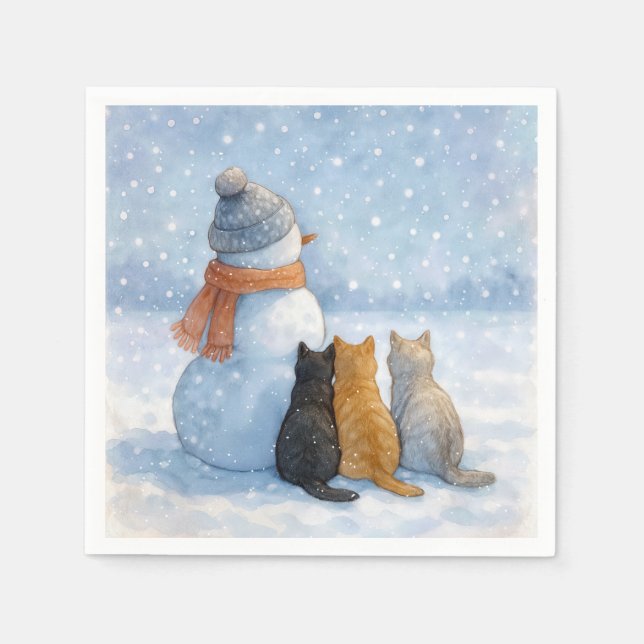 Guardanapo De Papel Snowmen and Cats In a Snowy Field (Frente)