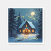 Snowy Christmas Cabin Paper Napkin – Customizable