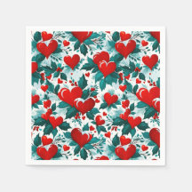 Snowy Red Christmas Hearts and Holly