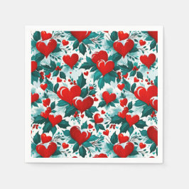 Guardanapo De Papel Snowy Red Christmas Hearts and Holly
