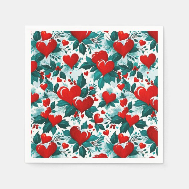 Guardanapo De Papel Snowy Red Christmas Hearts and Holly (Frente)
