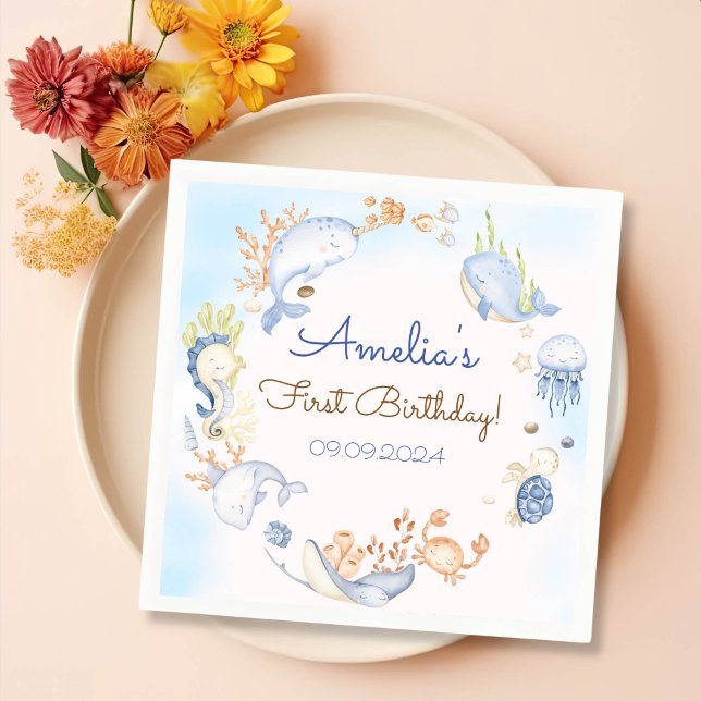 Guardanapo De Papel Sob a Festa de aniversário de vida do mar azul (Criador carregado)