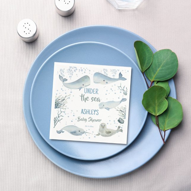Guardanapo De Papel Sob o chá de fraldas do menino marinho impresso (Under the sea dusty blue pastel boy baby shower printed napkins personalized table decor)