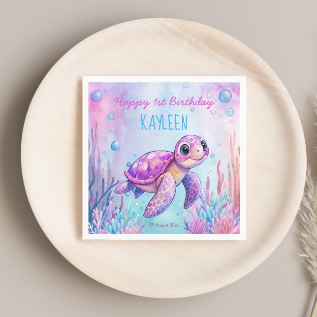 Guardanapo De Papel Sob o mar, doce tartaruga rosa, aniversário roxo (Under the sea cute turtle pink purple girls birthday party personalized napkins table decor)
