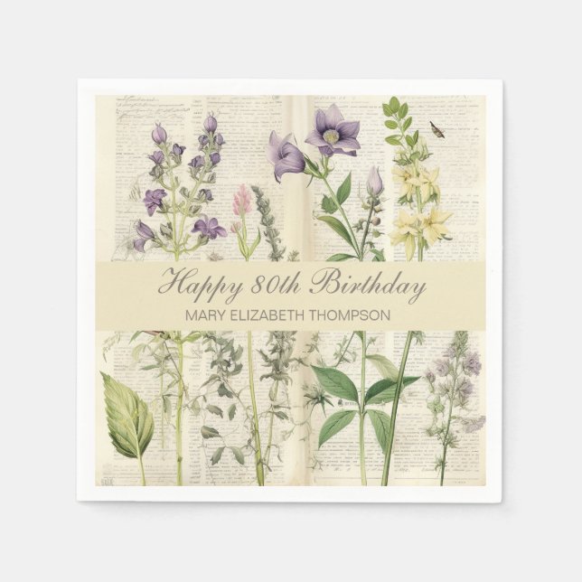 Guardanapo De Papel Soft Botanical Vintaqe Wildflower 80th Birthday (Frente)