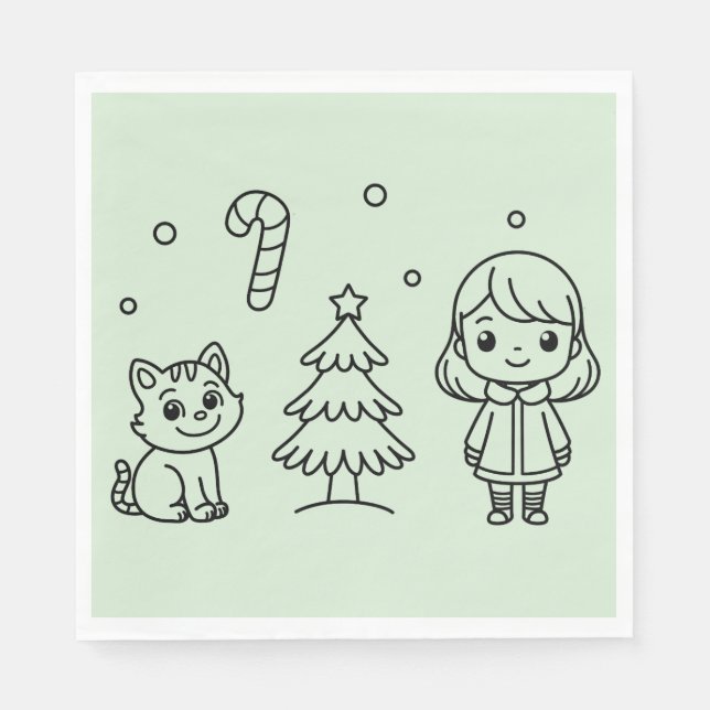 Guardanapo De Papel Soft Green Cute Girl and Cat Christmas Design (Frente)
