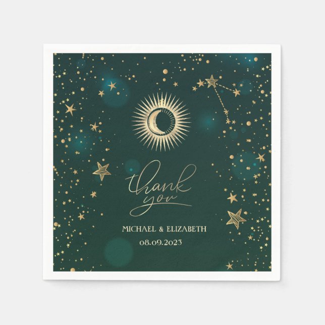 Guardanapo De Papel Sol Dourado Celestial E Lua São Verdes (Frente)