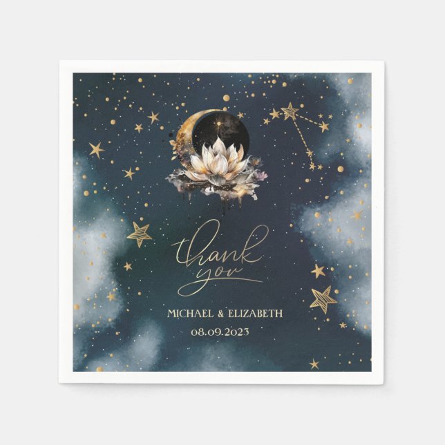 Guardanapo De Papel Sol Dourado Celestial, Lua, Estrelas Lótus Céu Not (Frente)