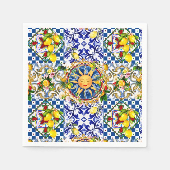 Guardanapo De Papel Sol siciliano,limão,azulejos mediterrâneos (Frente)
