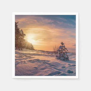 Guardanapo De Papel Sol sobre neve, costa marítima de inverno