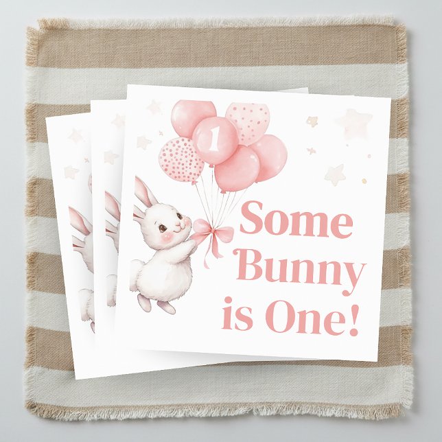 Guardanapo De Papel Some Bunny Balloon Birthday Party  (Some Bunny Pink Bow Balloon Birthday Party Napkin)