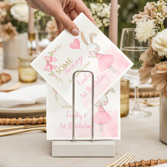 Guardanapo De Papel Some Bunny is Turning One 1st Birthday, pink bow  (Bunny 1st Birthday Paper Napkins. Some Bunny is Turning One elegant pink floral party supplies.)