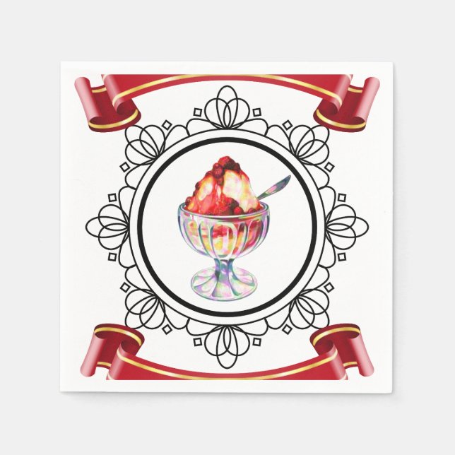 Guardanapo De Papel Sorvete de vinheta branco vermelho preto (Frente)