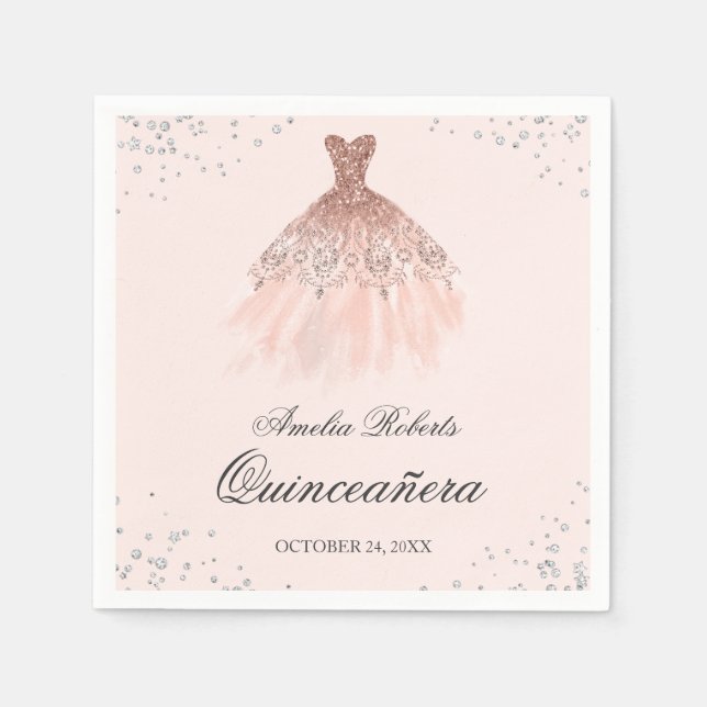 Guardanapo De Papel Sparkle Rosa de Vestido Dourado Quinceanera Napkin (Frente)