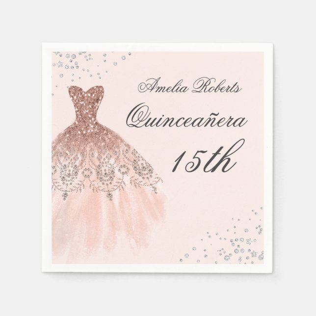 Guardanapo De Papel Sparkle Rosa de Vestido Dourado Quinceanera Napkin (Frente)