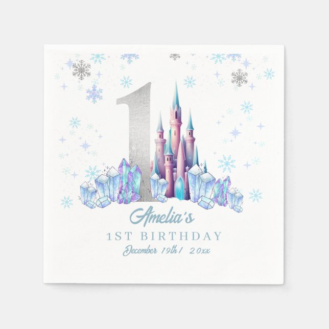 Guardanapo De Papel Sparkle Silver Frozen Kingdom Castle primeiro aniv (Frente)