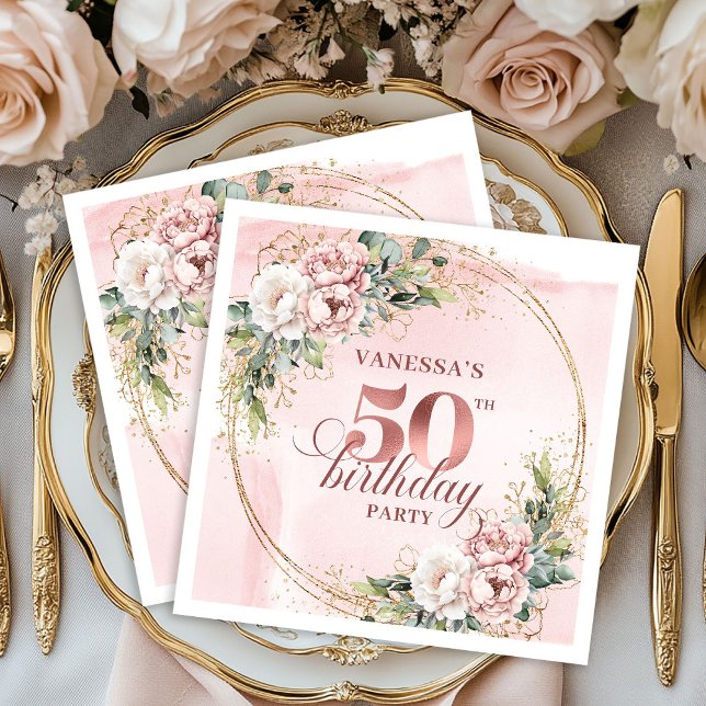 Guardanapo De Papel Sparkling Rose Gold Blush Flowers 50th Birthday  (Sparkling Rose Gold Blush Flowers 50th Birthday Dinner Napkins

)