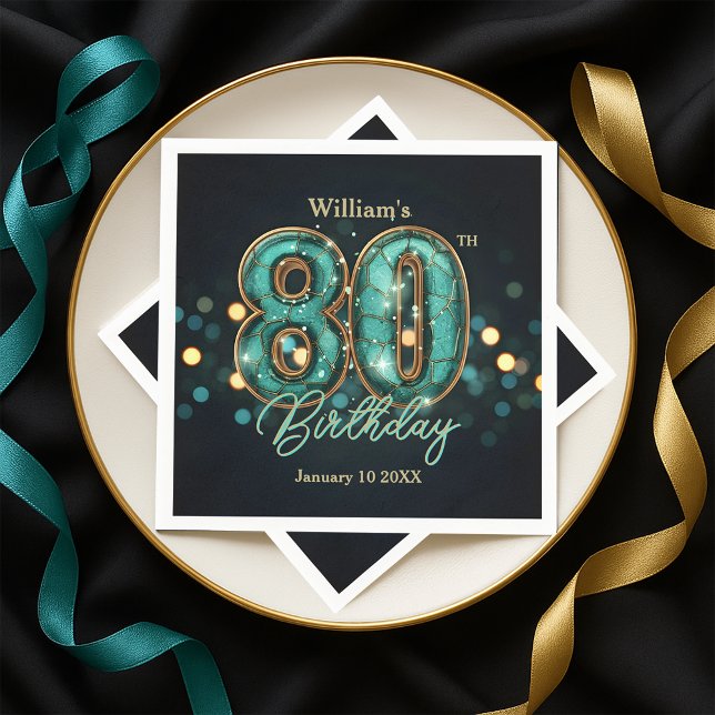 Guardanapo De Papel  Sparkling Teal and Gold 80th Birthday  (Criador carregado)