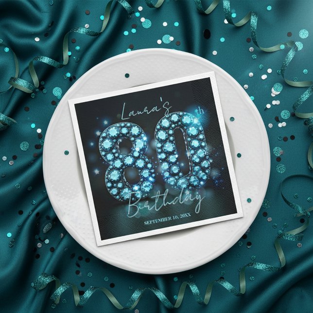 Guardanapo De Papel Sparkling Turquoise Black Diamond 80th Birthday (Criador carregado)