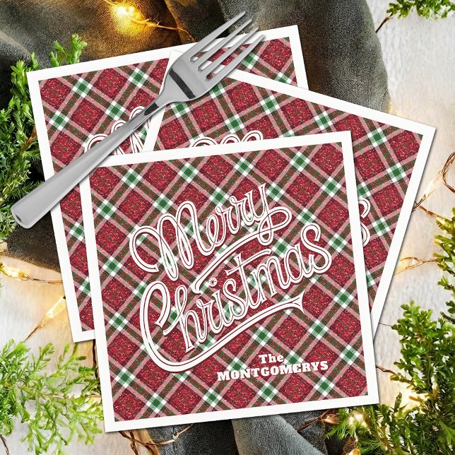 Guardanapo De Papel Sparkly Merry Christmas Plaid (Sparkly Merry Christmas Plaid Cocktail Party Napkins)