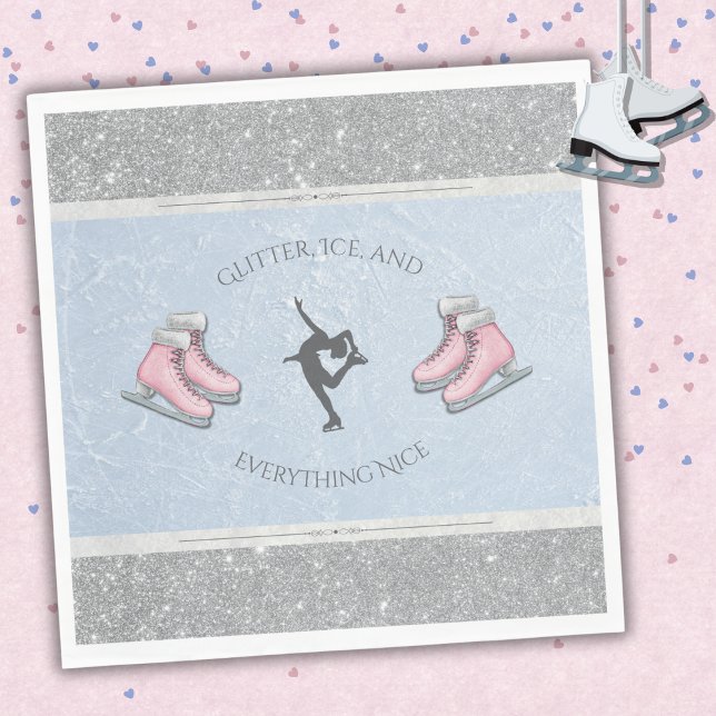 Guardanapo De Papel Sparkly Silver Glitter Ice Skater Birthday Napkins (Elegant Ice Skater Napkins featuring Silver Glitter and Icy Blue accents.)