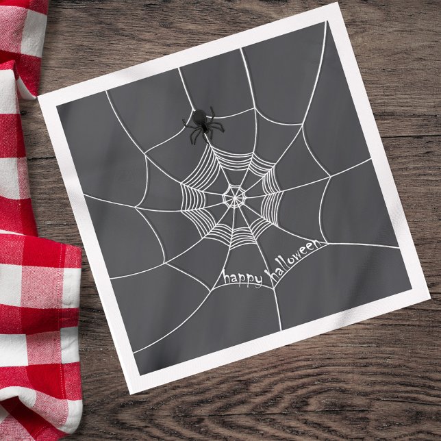 Guardanapo De Papel Spider Spooky na aranha (Happy Halloween spider web napkin with black and white design.)