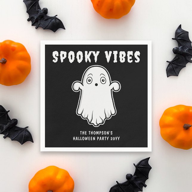 Guardanapo De Papel Spookes Vibes Fantasma Halloween Preto e Branco (Cute design for the spooky Halloween season. Personalize with your custom text.)