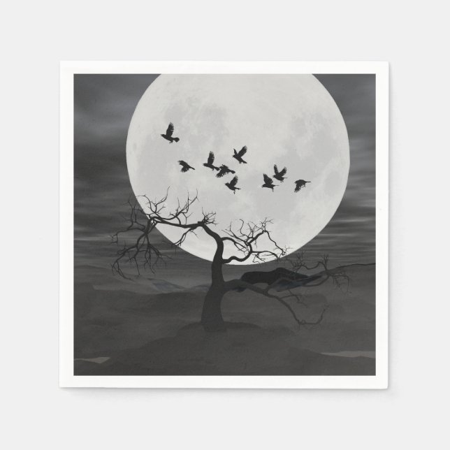 Guardanapo De Papel Spooky Ravens Voando Contra a Lua Cheia (Frente)