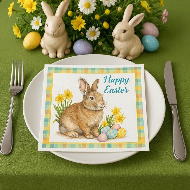 Guardanapo De Papel Spring Plaid with Easter Bunny  (Elevate your Easter table setting with our spring plaid bunny paper napkins. )