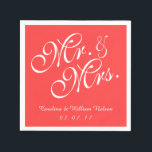 Guardanapo De Papel Sr. e Sra. Coral Red Wedding Paper Napkins<br><div class="desc">Personalizado Sr. e Sra. Coral Red Wedding Paper Napkins. Design por Elke Clarke©. Disponível em www.zazzle.com/monogramgallery. Fundo de cor sólida clássico, personalizado e personalizado de coral, personalizável com nomes de noiva e noivo em letra de script branco e data de casamento. Belo design é perfeito para recepções de casamento, festas...</div>