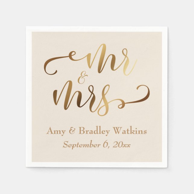 Guardanapo De Papel "Sr. e Sra." Faux Gold Foil Script em Creme (Frente)