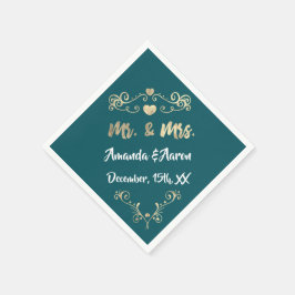 Guardanapo De Papel Sr. e Sra. Heart Teal Aqua White Champaigne Dourad
