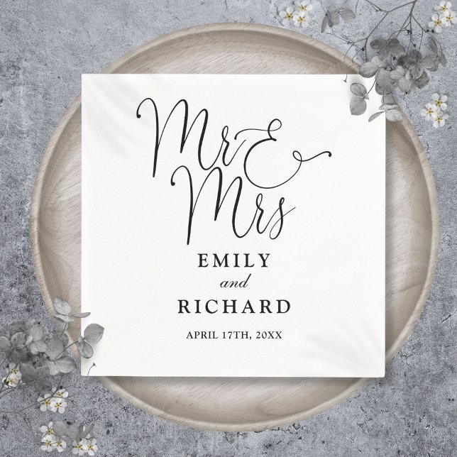 Guardanapo De Papel Sr. E Sra. Script Elegante Casamento Negro E Branc (Mr And Mrs Script Elegant Black And White Wedding Napkins)