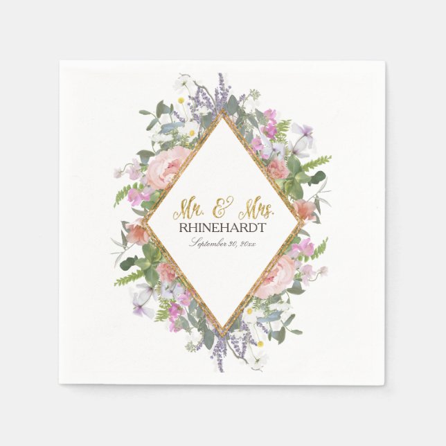 Guardanapo De Papel Sr. & Sra. Dourada Faux Glitter Wildflower Art (Frente)