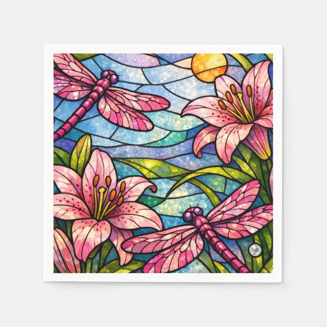 Guardanapo De Papel Stain Glass Lilies and Dragonflies Pink (Frente)