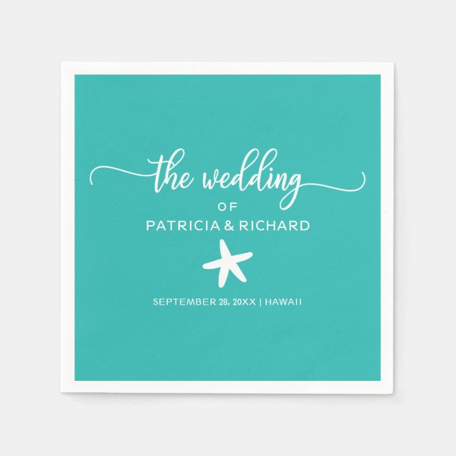 Guardanapo De Papel Starfish Beach Weding Teal Turquoise e White (Frente)