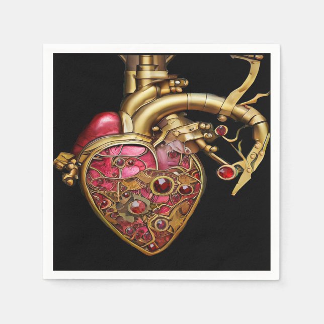 Guardanapo De Papel Steampunk Heart Anatomical Rubies and Gears (Frente)