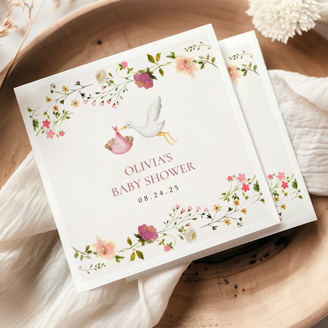 Guardanapo De Papel Stork Delivery Pink Floral Garden Girl Baby Shower (Criador carregado)