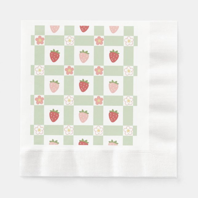 Guardanapo De Papel Strawberry Gingham First Birthday Coined Edge (Frente)