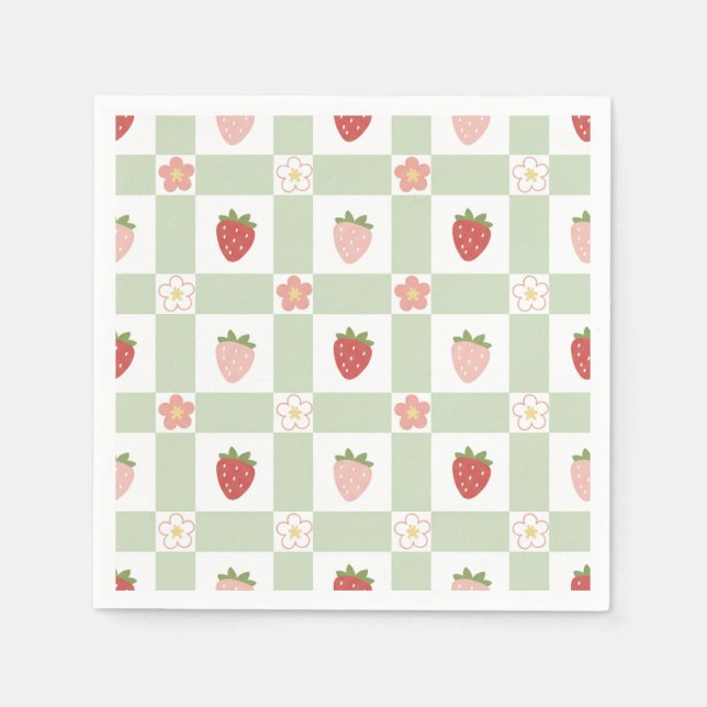Guardanapo De Papel Strawberry Gingham Pastel Green 1st Birthday (Frente)