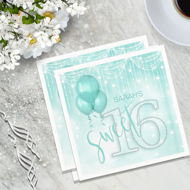 Guardanapo De Papel String Lights & Balloons Sweet 16 Teal ID473 (Criador carregado)