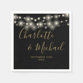 Guardanapo De Papel String Lights Script Dourado Casamento Preto