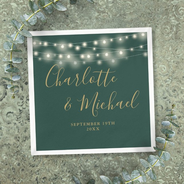 Guardanapo De Papel String Lights Signature Dourado Script Green Wedin (String Lights Signature Gold Script Green Wedding Napkins)