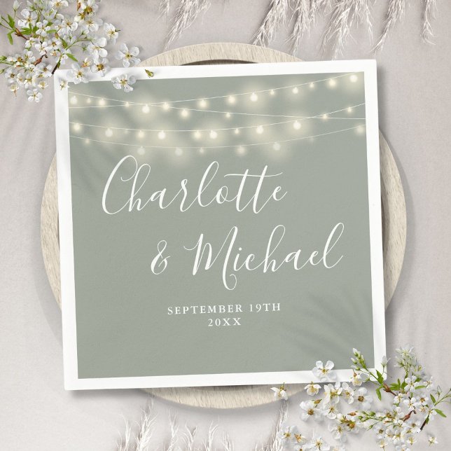 Guardanapo De Papel String Lights Signature Sage Green Wedes (String Lights Signature Script Sage Green Wedding Napkins)