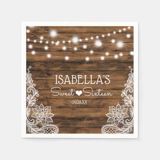 Guardanapo De Papel String Lights Wood e Lace Sweet XVI (Frente)