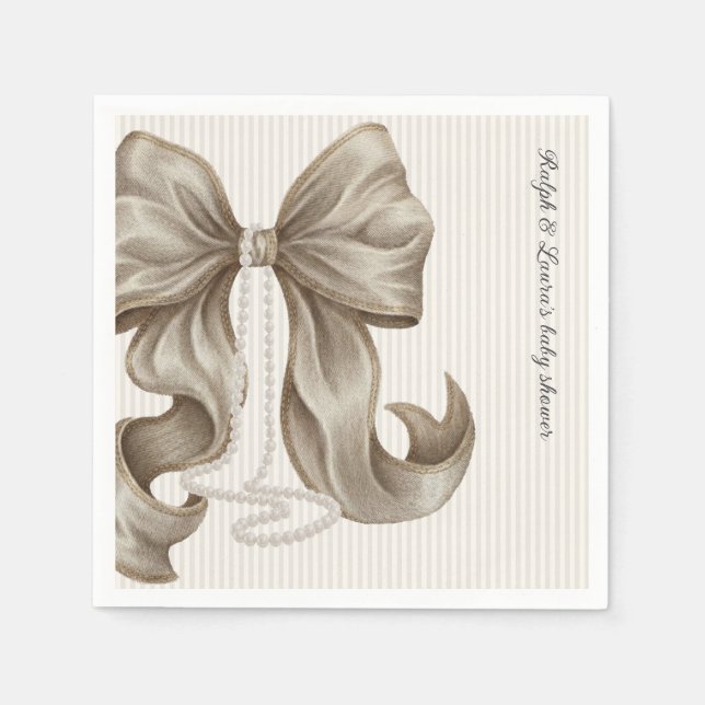 Guardanapo De Papel Striped Bow Ivory Pearl Baby Shower  (Frente)